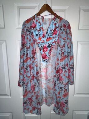 Floral Bikini Set with Sheer Cover Up Blue Pink 3 Piece Swimsuit Size L Boho